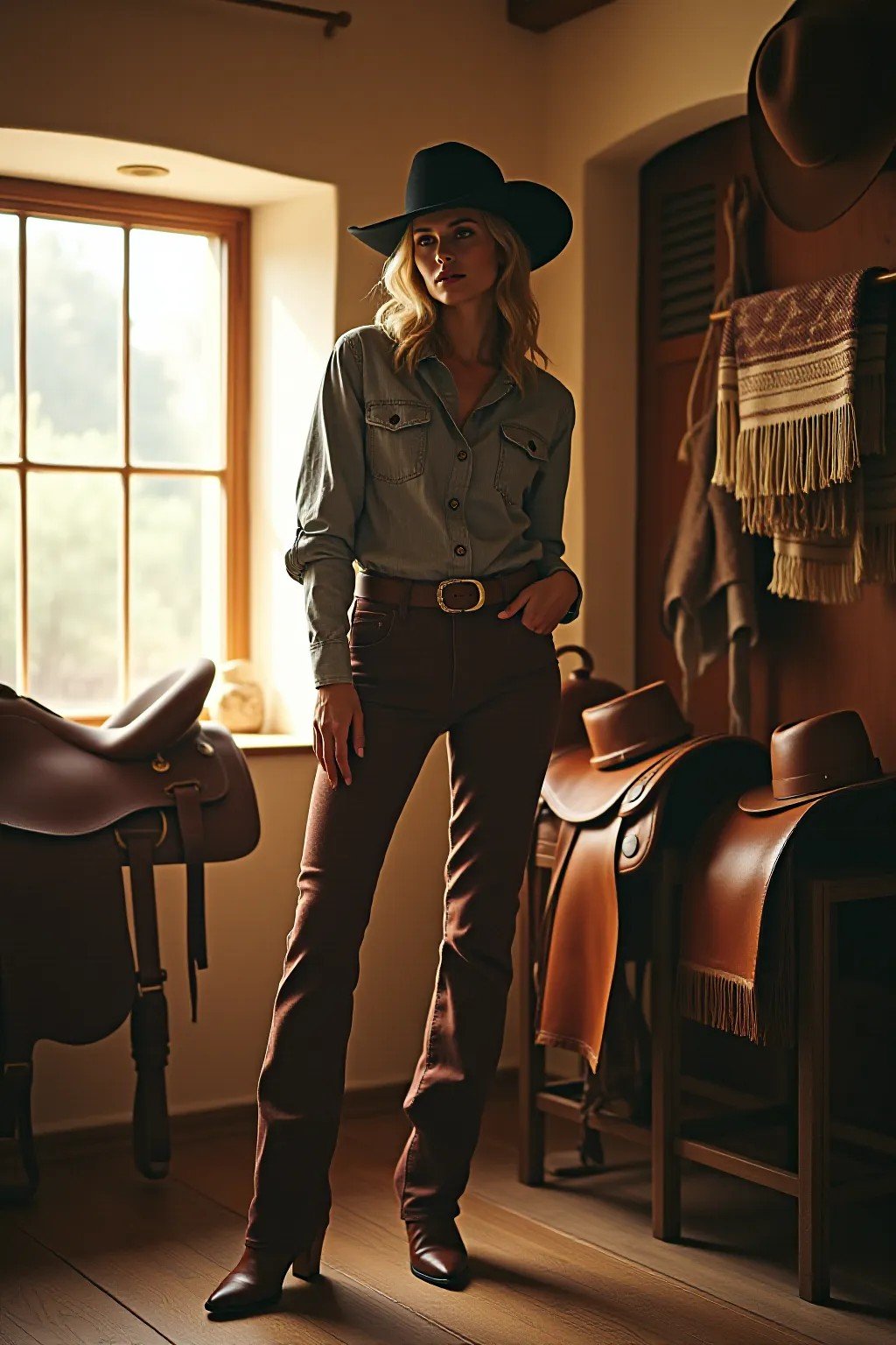 Heritage Florida ranch interior with leather saddles, felt hats and woven textiles