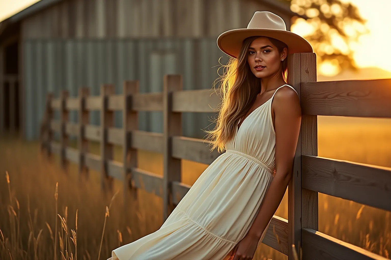 Woman in an ivory dress leaning against a ranch fence at sunset